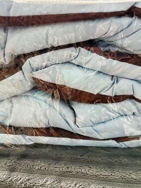 COMFORTER, REVERSIBLE, LIGHT BLUE & DARK BROWN, QUEEN SIZE, IN ORIGINAL PACKAGE,